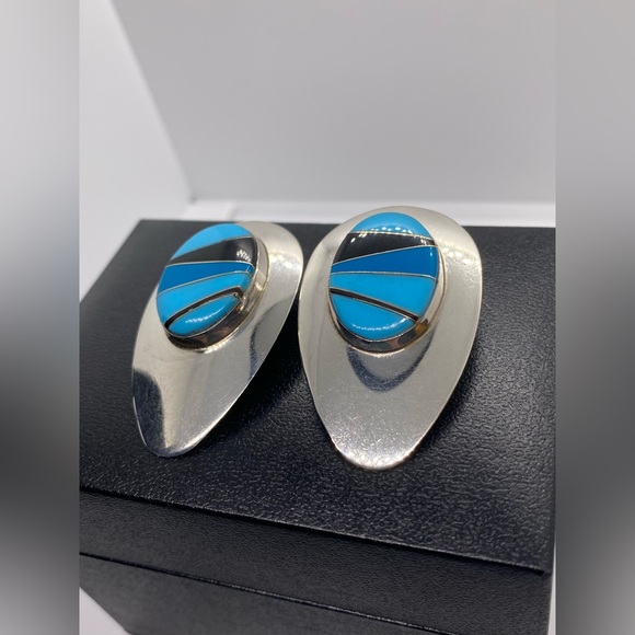 Sterling Silver Block Multi Stone Inlay Post Earrings SIGNED turquoise Navajo - Picture 10 of 16